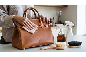 cleaning a leather bag with cloth and conditioners