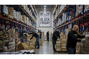 busy workers in warehouse preparing for black friday