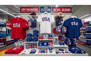 red, blue and white colored products showcased for 2024 US election