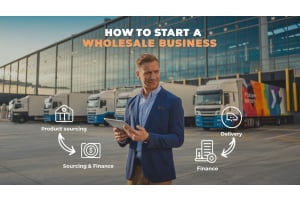 a man standing in front of a warehouse holding a tablet, image states how to start a wholesale business