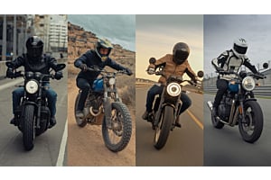 motorcyclists riding motorbikes and wearing gloves in different terrains