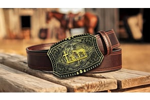 brown belt and vintage belt buckle on a wood stand with western background