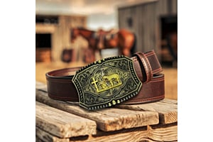 brown belt and vintage belt buckle on a wood stand with western background