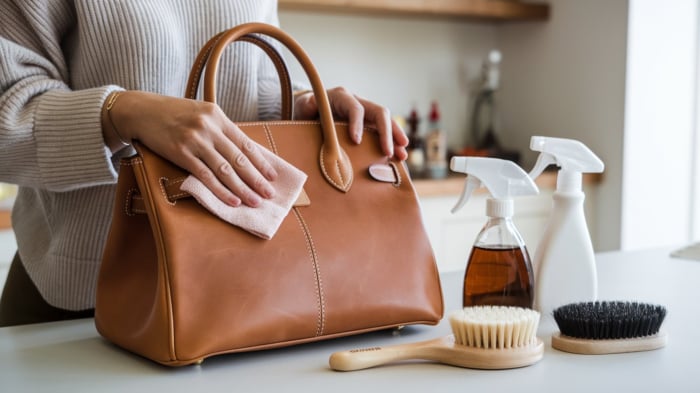 cleaning a leather bag with cloth and conditioners