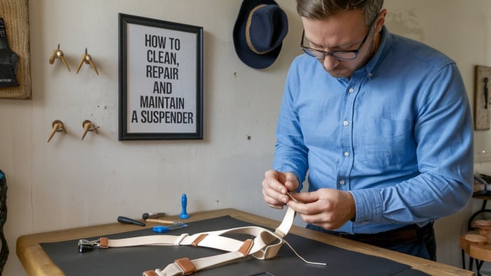 a man trying to clean and repair a suspender