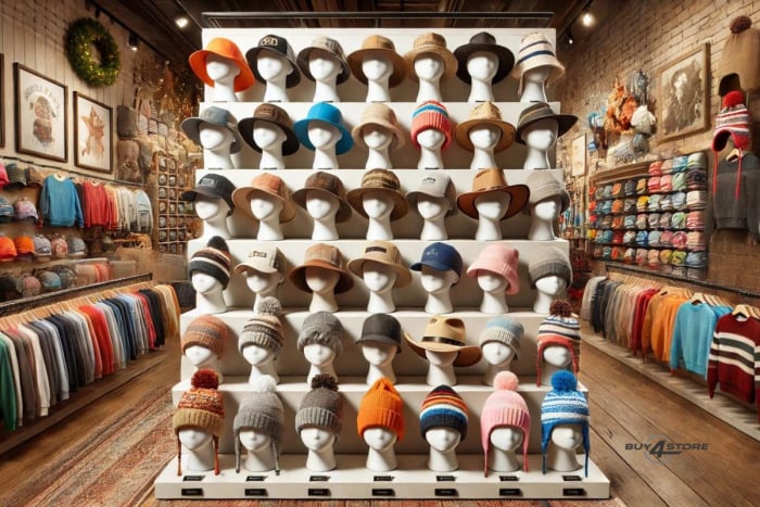 best hat styles for children with different assortments showcased in a store display