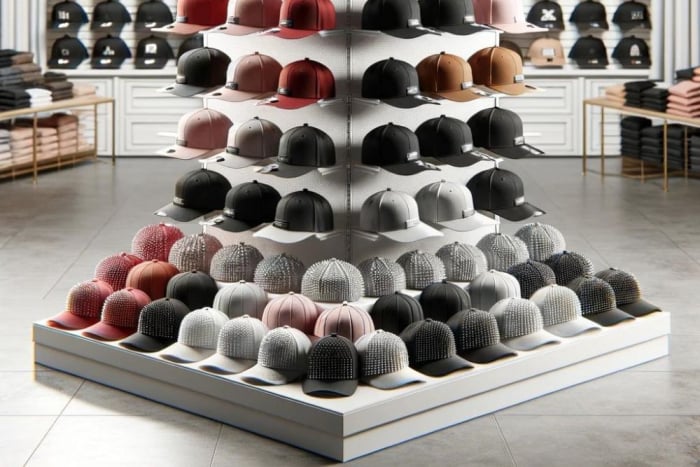 different cap styles on display at a store