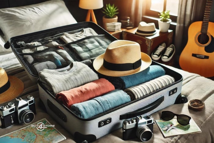 a vacation bag and a summer hat on it