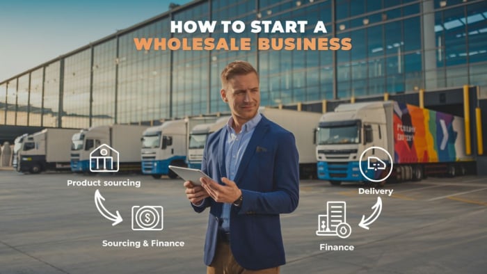 a man standing in front of a warehouse holding a tablet, image states how to start a wholesale business