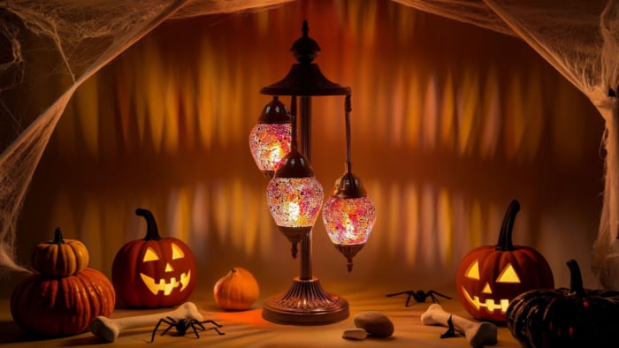 orange mosaic lamp in a halloweeen theme