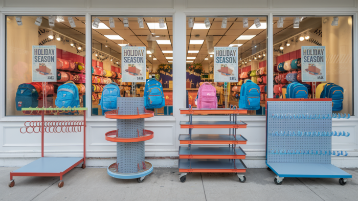 an inviting storefront with holiday season banners and in front displays and racks