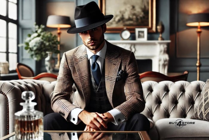 a man wearing a fedora with a stylish suit sitting on a couch