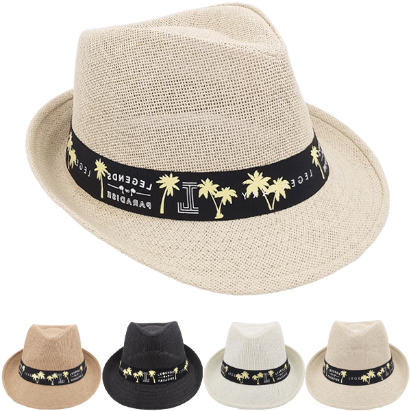 Breathable Straw Adult Trilby Fedora HAT Set with Palm Trees Print Band