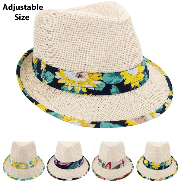 Sunflower Band Print Straw Trilby Fedora Hat Set