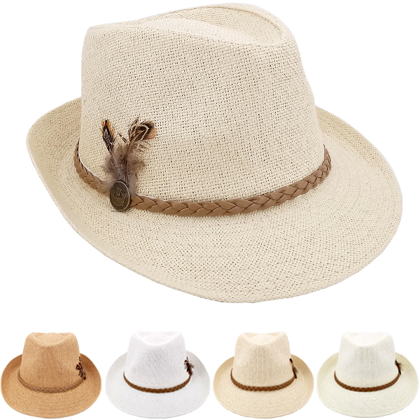 Breathable Braided Band With Feather Straw Adult Fedora HAT Set