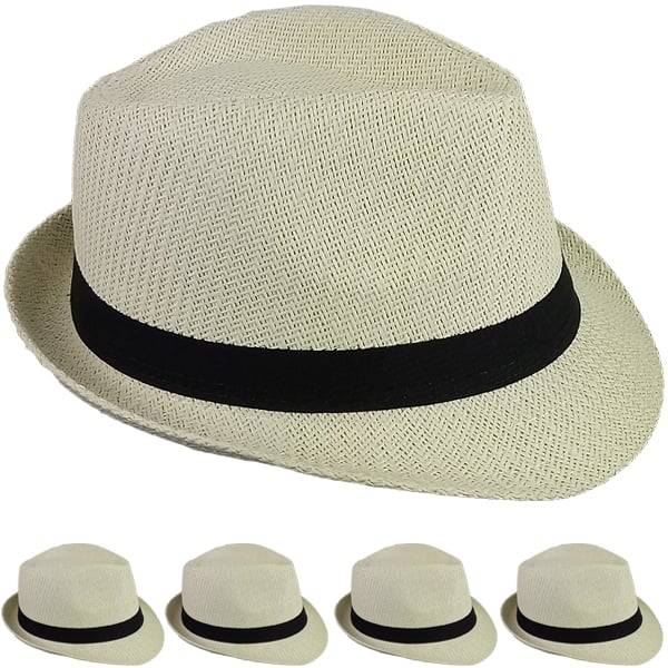 Elegant Beige Paper Straw Trilby Fedora Hat with Black Band