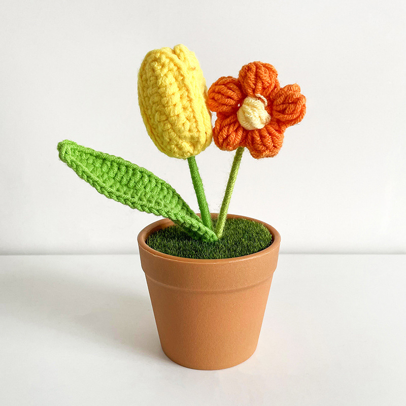 Crochet Flower in VASE - Yellow Tulip and Orange Puff Flowers