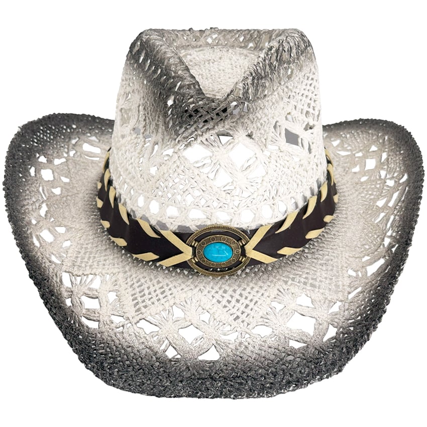 White Cowboy Hat with Turquoise Beaded Laced Band - Black Shade