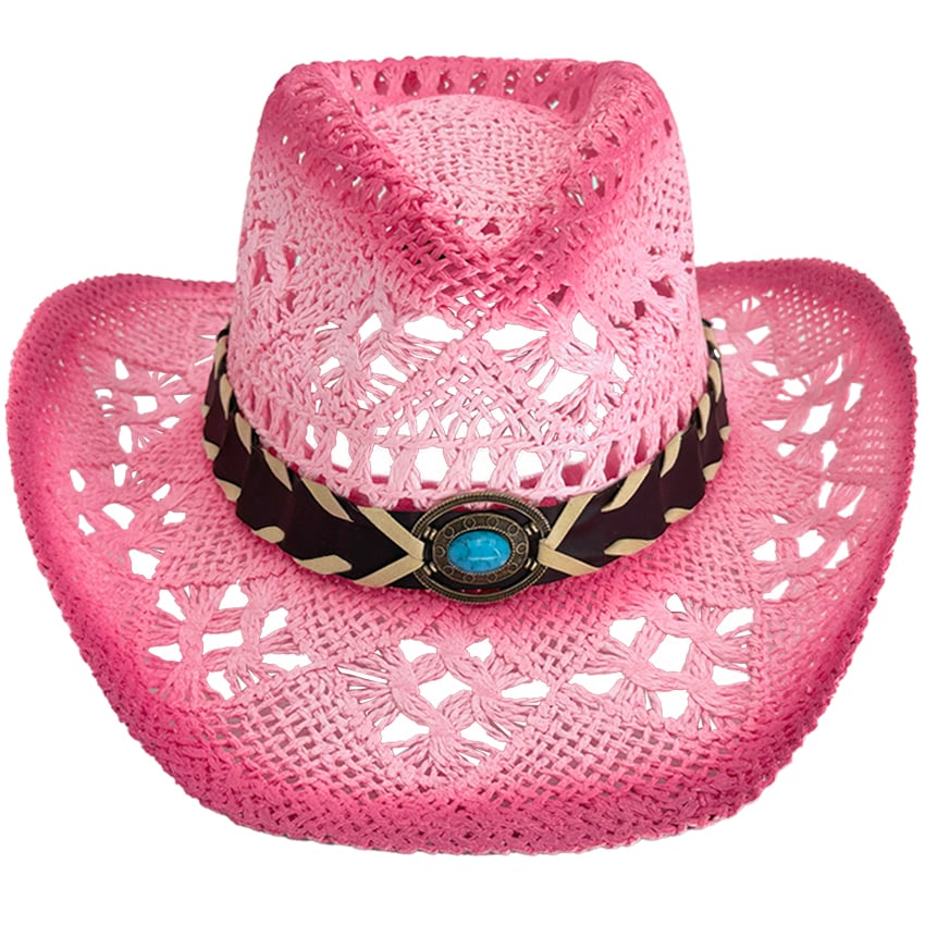 Pink Cowboy Hat with Turquoise Beaded Laced Band - Breathable