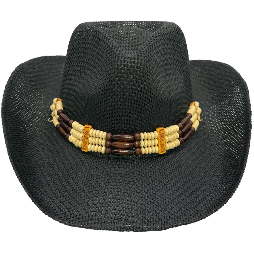Paper Straw WESTERN Black Cowboy Hat with Beaded Band