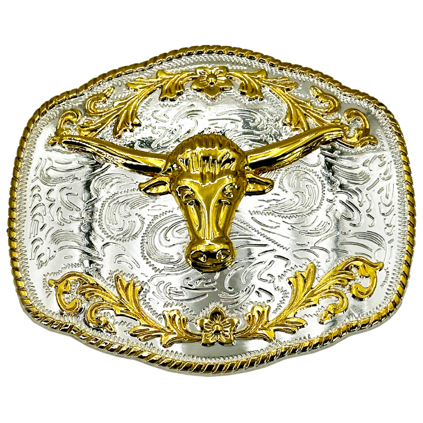 Oversize Golden Long Horn Bull BELT BUCKLE on Silver Background