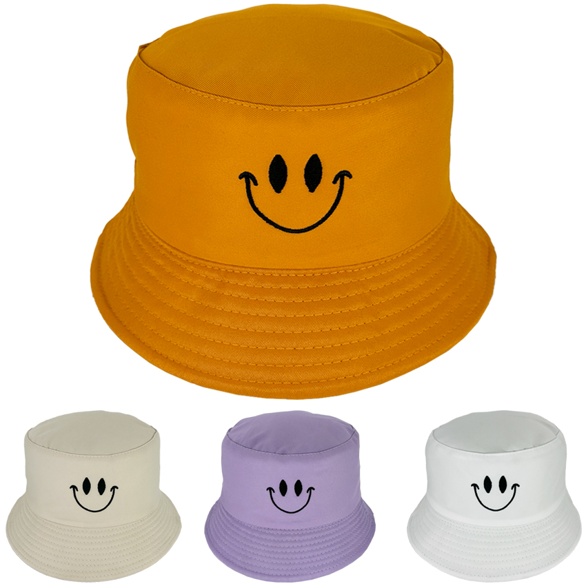 Smiley Emoji Embroidered Double-Sided Bucket HATs