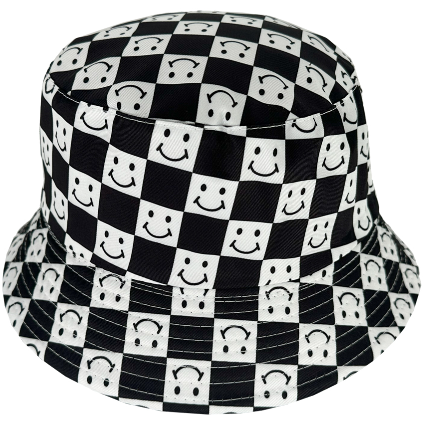 Black-White Checkered Bucket CAPS with Smiley Face Design