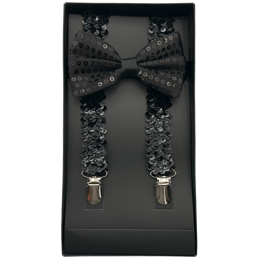 Black Sequin AB SUSPENDERS and Bowtie Set