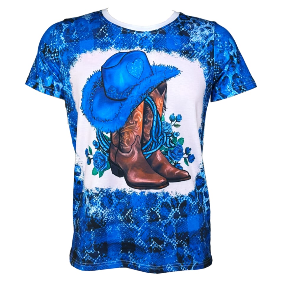 Blue Western T-SHIRTs for Women - Cowgirl Shoes and Hat Printed Crew Neck Short Sleeve