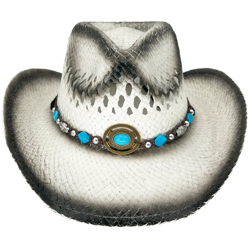 Breathable Raffia Straw White Cowboy Hat with Beaded Band - Black Shaded