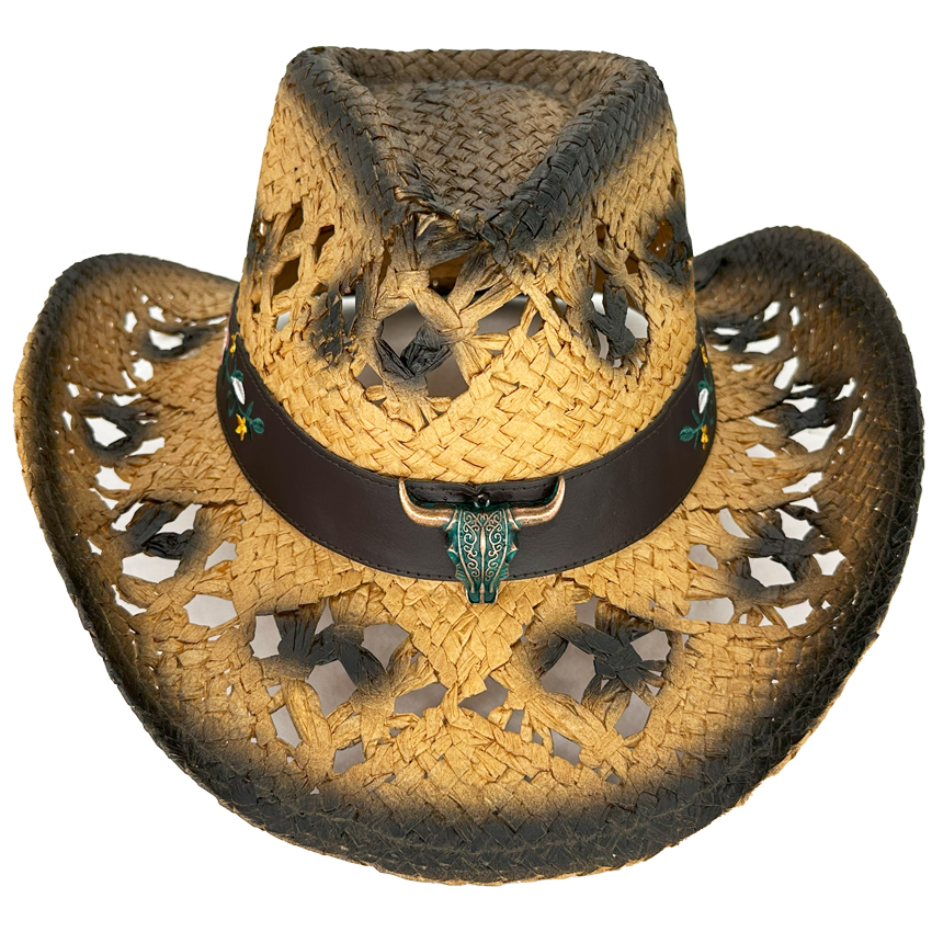 Women's Breathable Straw Cowboy HATs with Floral Band and Bull Buckle