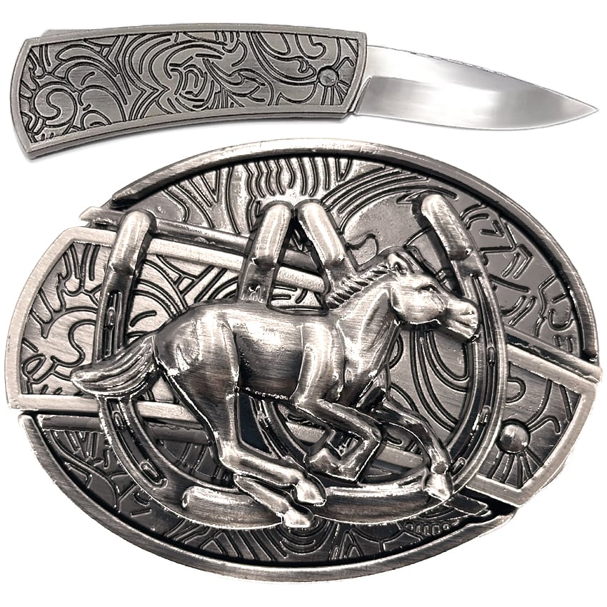 Galloping Horse Silver Hidden Knife BELT Buckles