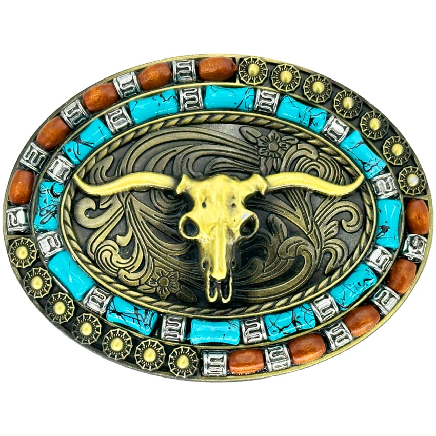 Bull Design Turquoise and Brown Beaded Western BELT Buckle