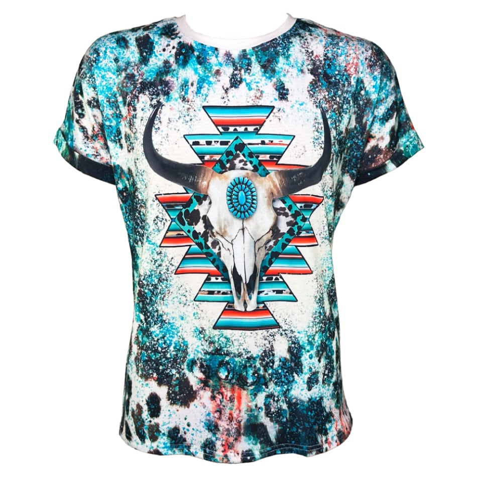 Bull Design WESTERN Graphic Tees - Turquoise and Native Pattern Crew Neck Short Sleeve