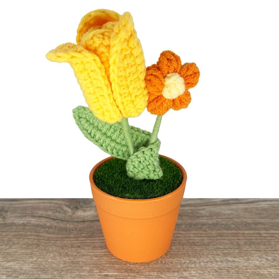 Crochet Flower in VASE - Yellow Tulip and Orange Puff Flowers