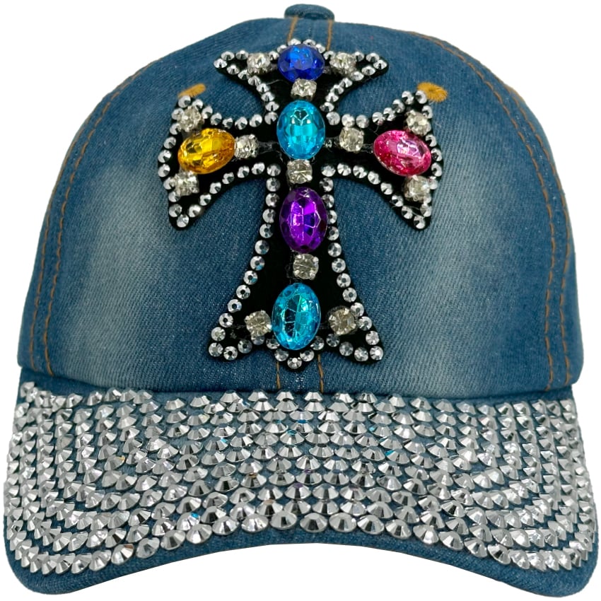 Bling Rhinestone Caps with CROSS Design - DENIM Hats