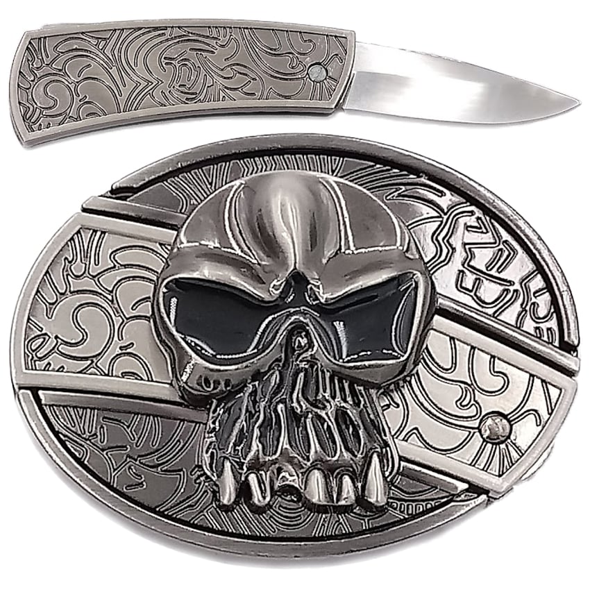 Crossed SKULL Knife Belt Buckle