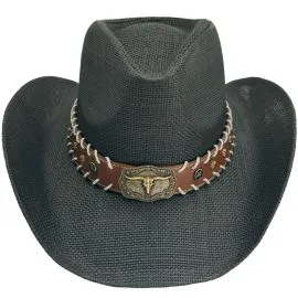 Wholesale Black Bull Laced Band Cowboy Hat in Paper Straw