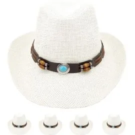 White Cowboy Hats with Turquoise Beaded Band in Bulk