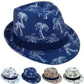 Paper Straw Palms Print Trilby Fedora Hat Set