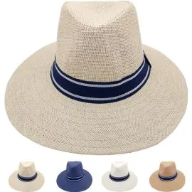 Men's Straw Summer Hat - Wide Brim Hat with Blue Strip Assorted Color