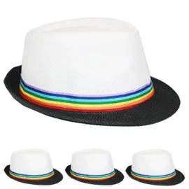 White Trilby Fedora Straw Hat with Rainbow Strip Band in wholesale