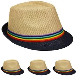 Brown Trilby Fedora Straw Hat with Rainbow Strip Band in wholesale