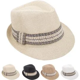 Trendy Adult Casual Straw Trilby Fedora Hat Set - Plain Color