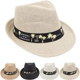 Breathable Straw Adult Trilby Fedora Hat Set with Palm Trees Print Band