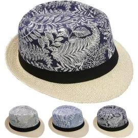 Conjunto de sombrero Fedora Trilby de paja para adulto con patrón de hojas y banda negra