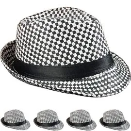 Black and white checkered adult trilby party fedora hat set at wholesale prices form buy4store 