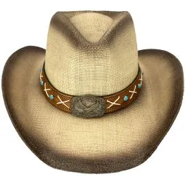 Wholesale Paper Straw Eagle Turquoise Bead Band Brown Cowboy Hat