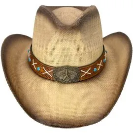 Wholesale Paper Straw Star Turquoise Bead Band Brown Cowboy Hat