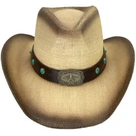 Wholesale Paper Straw Star Turquoise Bead Stitched Band Brown Cowboy Hat. Buy in Bulk!